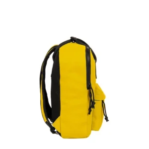 The Chicago Handle Rucksack - Yellow is shown from the side with black straps, a black zip, and a small front pocket featuring a flap and drawstring. A stylish choice for fans of unique ideas and Estonian design. White background. Gate21.ee