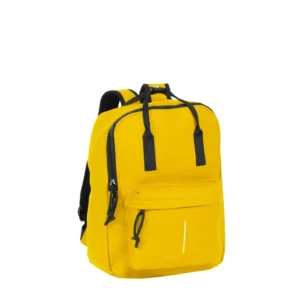 The Chicago Handle Rucksack - Yellow features black zips and straps, a front zipped pocket, and a small reflective strip. Inspired by Estonian design, this vibrant rucksack is displayed standing upright on a white background. Gate21.ee