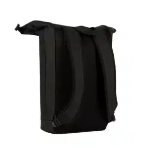 The New York Rolltop Rucksack - Black is shown from the back with two padded shoulder straps and a mesh back panel, photographed on a white background—an ideal choice for Tallinn shopping or a standout Estonian design item for any gift shop. Gate21.ee