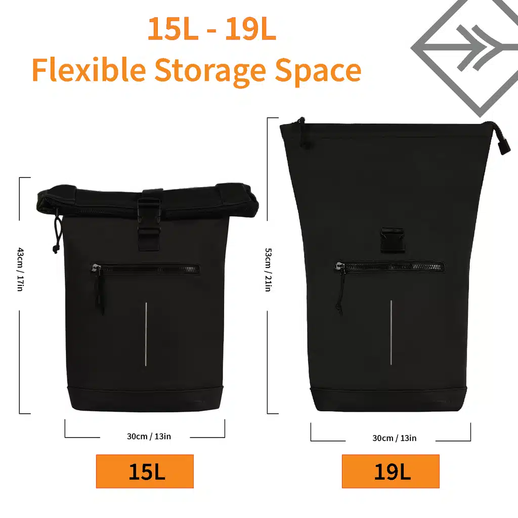 Two New York Rolltop Backpacks in black, labelled 15L and 19L, appear side by side at our concept shop. Both are 30cm wide and 13cm deep, with heights of 47cm (15L) and 57.5cm (19L)—ideal for Tallinn shopping or gift shops. Gate21.ee
