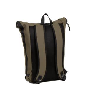 The New York Rolltop Rucksack - Olive is shown from the back, featuring Estonian design with two padded shoulder straps, a top handle, and a mesh back panel against a plain white background. Gate21.ee