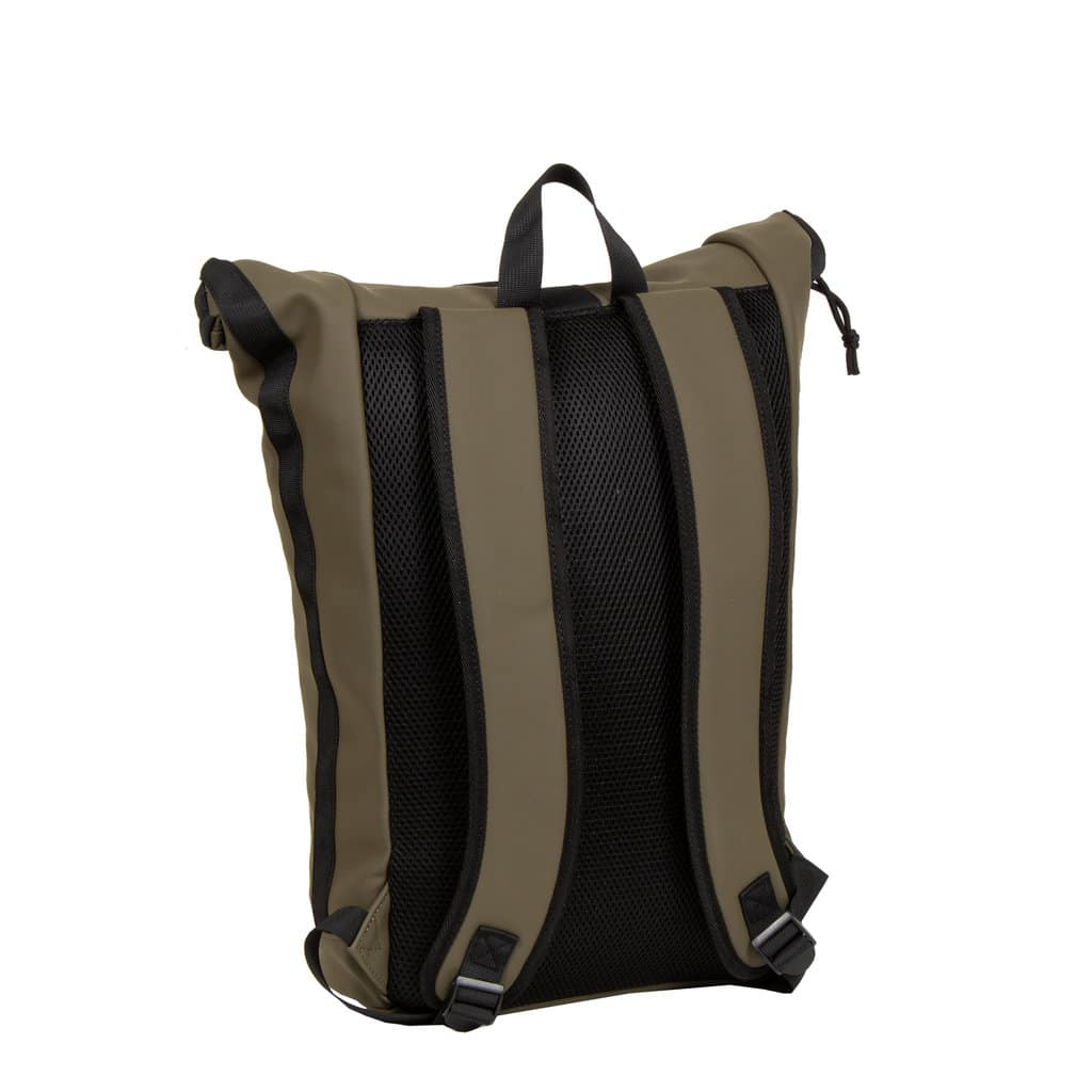 The New York Rolltop Rucksack - Olive is shown from the back, featuring Estonian design with two padded shoulder straps, a top handle, and a mesh back panel against a plain white background. Gate21.ee