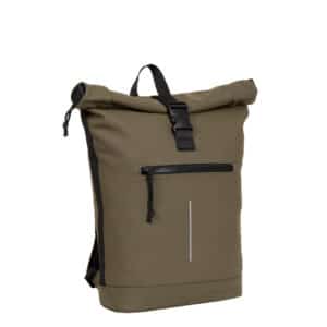 The New York Rolltop Backpack - Olive features a roll-top design, black buckle fastening, front zip pocket, subtle reflective line, and black handle accents—ideal for fans of minimalist style and standout accessories. Gate21.ee