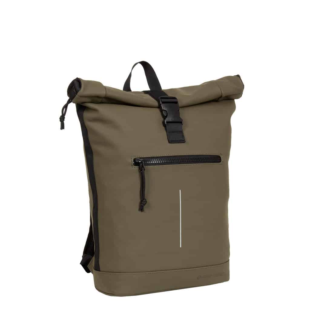 The New York Rolltop Backpack - Olive features a roll-top design, black buckle fastening, front zip pocket, subtle reflective line, and black handle accents—ideal for fans of minimalist style and standout accessories. Gate21.ee