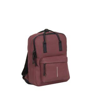 The Chicago Handle Rucksack - Burgundy features black zips and straps, a front zipped pocket, and a vertical reflective stripe. With smooth, water-resistant fabric and Estonian design, it’s displayed on white—ideal for any gift shop. Gate21.ee