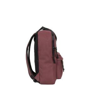 The Chicago Handle Rucksack - Burgundy is shown from the side with black zips, a small front pocket, and two adjustable shoulder straps. Ideal for shopping in Tallinn or as a unique present. The background is plain white. Gate21.ee
