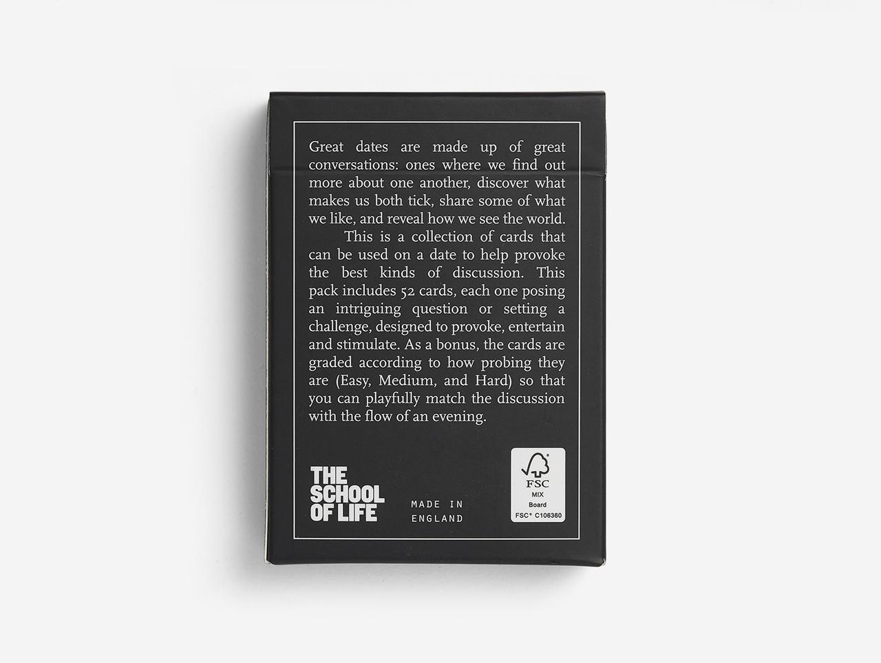 A black box labelled "Dating Cards" from The School of Life features a curated set of cards to inspire unique conversation topics for dates, detailed on the packaging. The cards are FSC certified and made in England. Gate21.ee