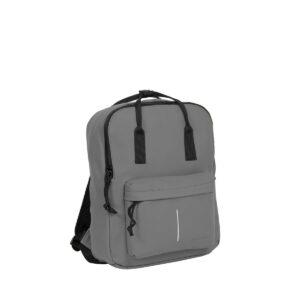 The Chicago Handle Backpack - Antracite is a grey bag with black zips and straps, a front zipped pocket with a vertical reflective strip, and a top handle—an example of Estonian design—displayed against a white background. Gate21.ee