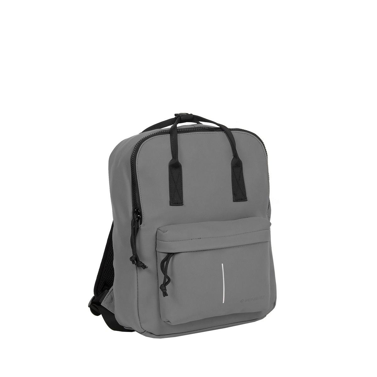 The Chicago Handle Backpack - Antracite is a grey bag with black zips and straps, a front zipped pocket with a vertical reflective strip, and a top handle—an example of Estonian design—displayed against a white background. Gate21.ee