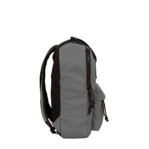 Side view of the Chicago Handle Rucksack – Anthracite with black straps, mesh back panel, front zip pocket, and drawstring pouch—ideal for carrying unique ideas and local finds from Tallinn. Gate21.ee
