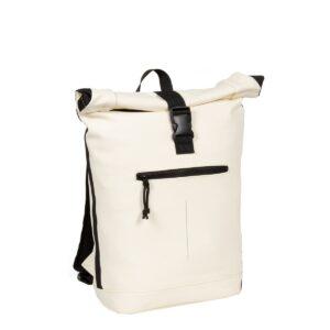 The New York Rolltop Rucksack - White features a cream-coloured design with black buckle fastening, front zipped pocket, black accents, and top handle—ideal for concept shops—displayed on a plain white background. Gate21.ee