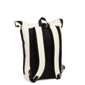 The New York Rolltop Rucksack - White is shown from the back, with black padded shoulder straps featuring white edging and a matching top handle. Its clean, modern design takes inspiration from Estonian aesthetics. Gate21.ee