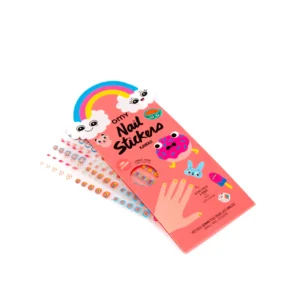 The Kawaii - Nail Stickers pack, in mainly pink packaging with a rainbow and cloud design, includes three sheets of colourful stickers featuring cute characters, food items, and playful patterns. Gate21.ee