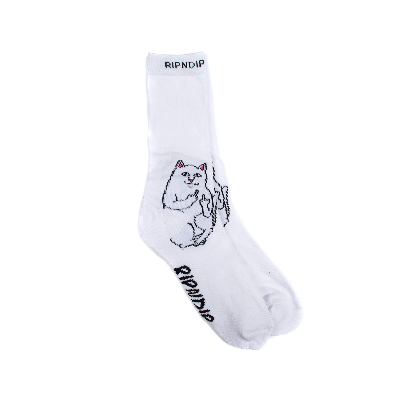 The Nermal Socks - White feature a cartoon cat giving the middle finger, with RIPNDIP text on the cuff and toes. Laid flat on a white background, they’re perfect for anyone looking for standout playful accessories. Gate21.ee