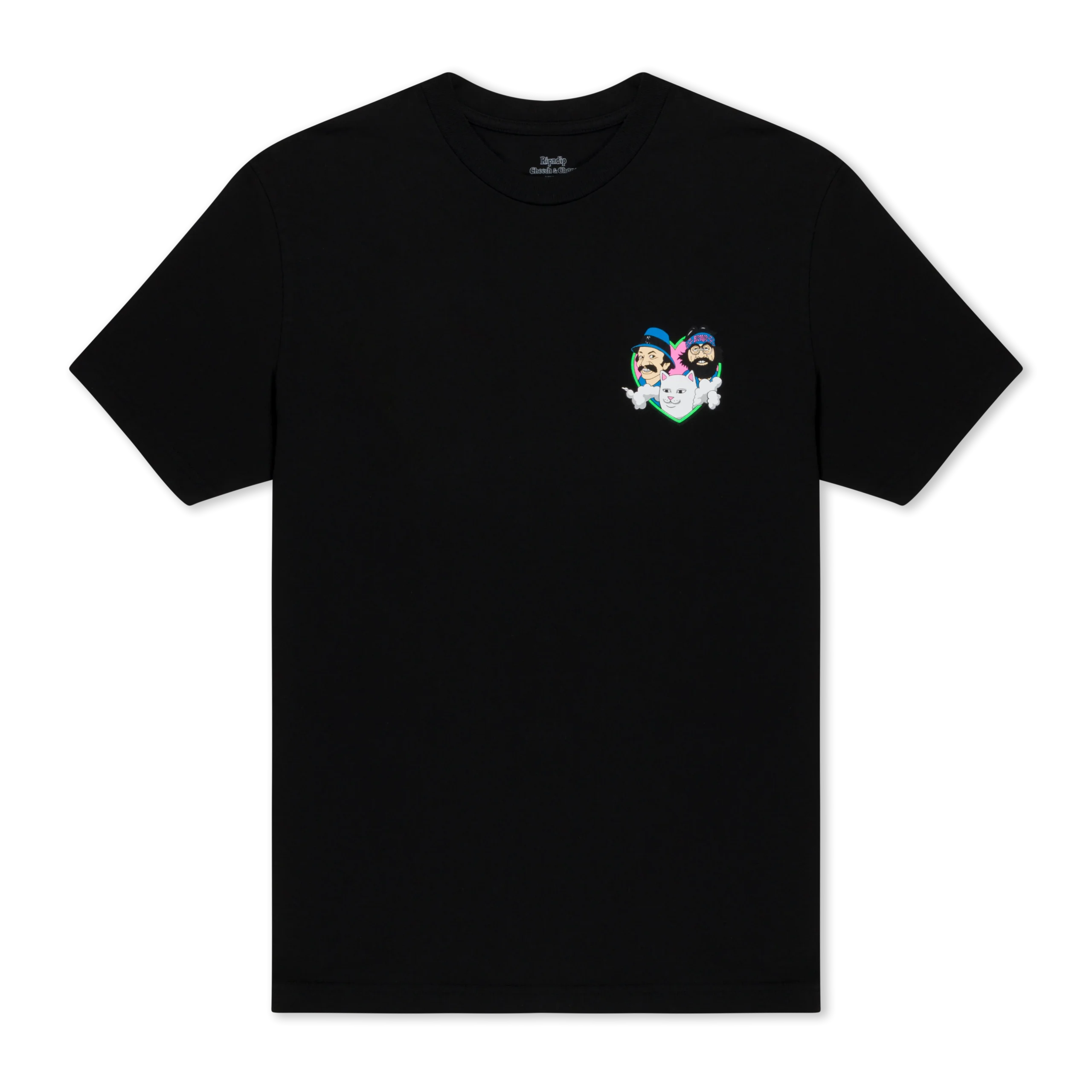 A black short-sleeve t-shirt featuring a small, colourful graphic of two animated faces with green accents on the left chest—perfect for finding unique ideas during your Tallinn shopping or at a local gift shop. The rest of the shirt is plain. Gate21.ee