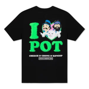 A black T-shirt with large neon green text reading I POT, featuring cartoon faces of two men and a white cat. Below, text reads Cheech & Chong & Ripndip Private Reserve 2023—an ideal find for any curated Tallinn shopping or gift shop collection. Gate21.ee