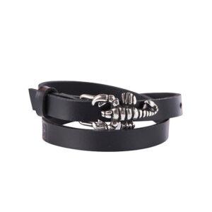 The ERER - Scorpion Bracelet is a black leather wrap bracelet with a silver-tone scorpion-shaped clasp, inspired by Estonian design&mdash;an eye-catching accessory, ideal for any concept shop. Gate21.ee