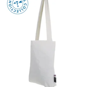 The Feel Good Sports Bag - White is displayed on a white background. It features long shoulder straps, a small black tag with coloured stripes on the side, and a blue Sports Collection logo—highlighting Estonian design. Gate21.ee
