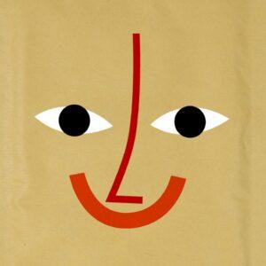 The RCR Sticker - Patch Set displays a cheerful design on a brown background: geometric shapes form two white eyes with black dots, a red nose, and a curved red mouth—perfect for any curated Tallinn shopping concept shop. Gate21.ee