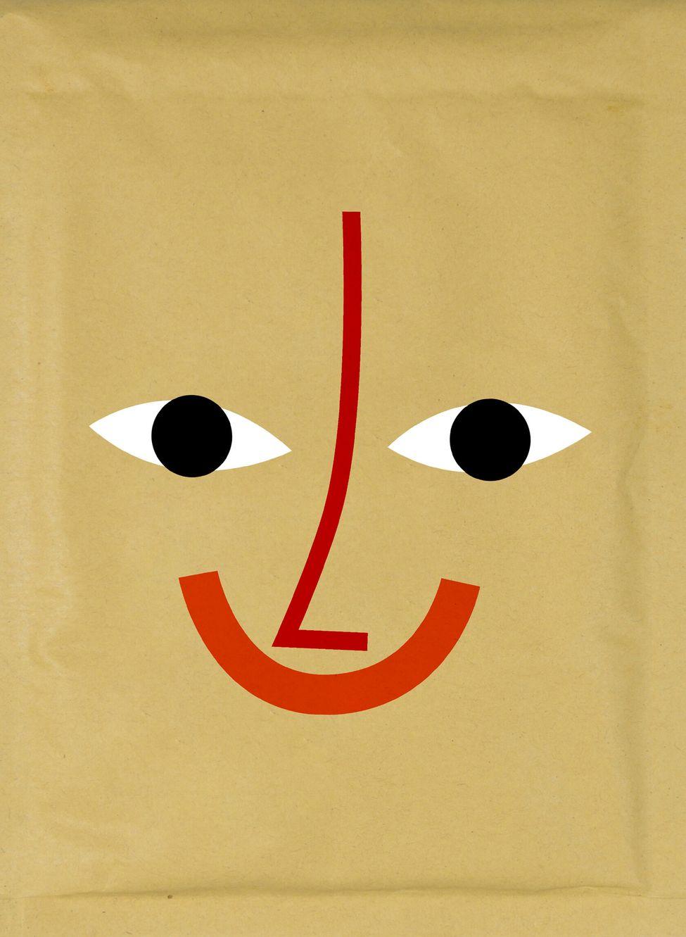 The RCR Sticker - Patch Set displays a cheerful design on a brown background: geometric shapes form two white eyes with black dots, a red nose, and a curved red mouth—perfect for any curated Tallinn shopping concept shop. Gate21.ee