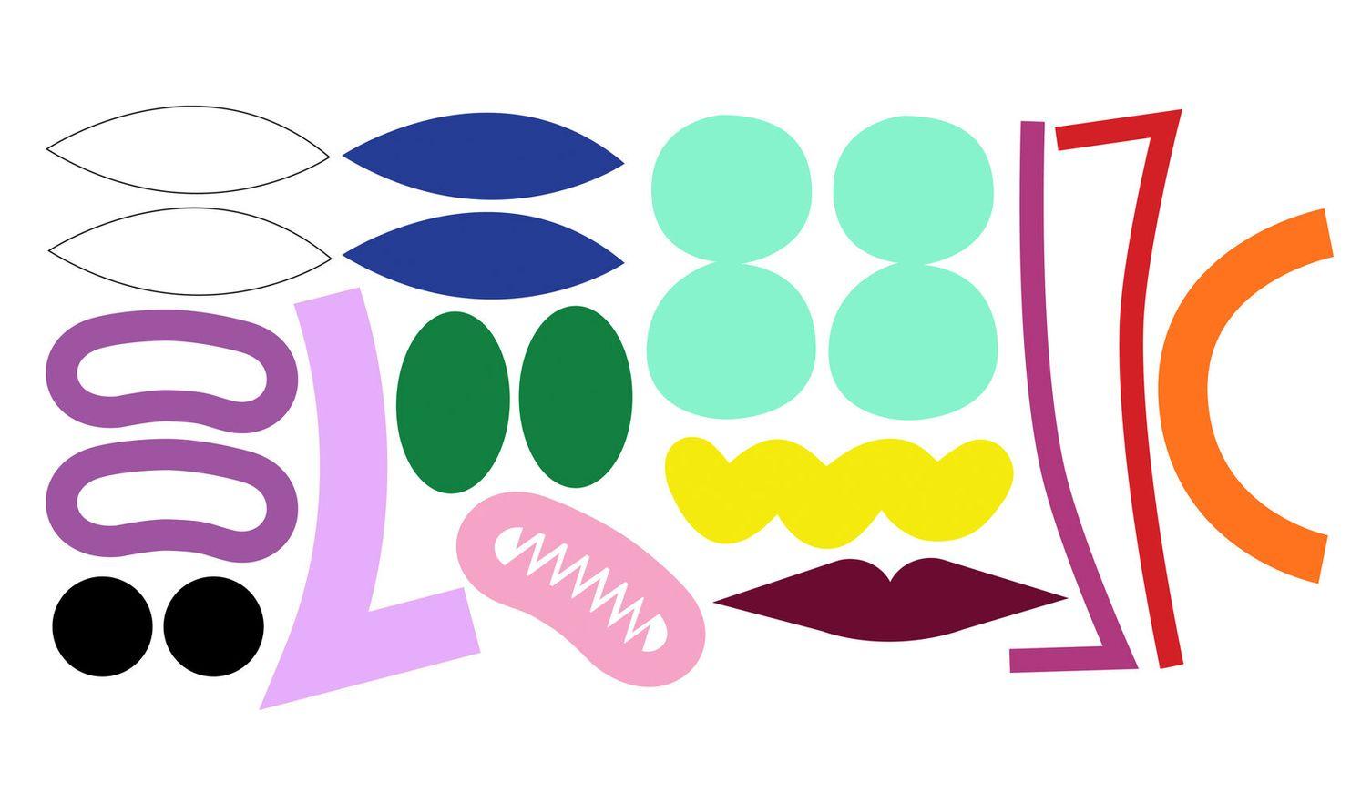 The RCR Sticker - Patch Set features colourful, abstract shapes like ovals, circles, and squiggles on a white background—ideal for adding a vibrant touch to any Tallinn concept shop or gift shop. Gate21.ee