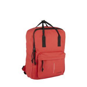 The Chicago Handle Rucksack - Red features black zips and handles, a front zip pocket, and a subtle white vertical line. Perfect for exploring Tallinn shopping or discovering new ideas, it stands upright against a white background. Gate21.ee