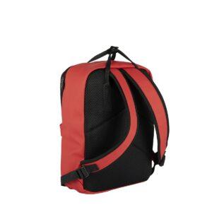 The Chicago Handle Rucksack - Red is shown from the back, featuring black padded shoulder straps, a mesh back panel, and a top handle—an example of curated Estonian design ideal for any gift shop. Gate21.ee