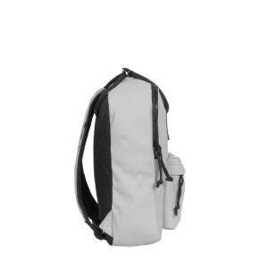 A side view of the Chicago Handle Rucksack - Grey with black straps and zips, Estonian design elements, mesh side pocket, and small front pouch, shown on a white background—ideal for any curated concept shop. Gate21.ee
