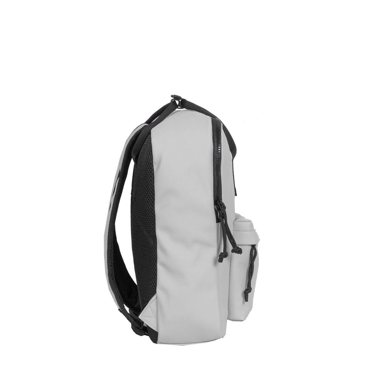 A side view of the Chicago Handle Rucksack - Grey with black straps and zips, Estonian design elements, mesh side pocket, and small front pouch, shown on a white background—ideal for any curated concept shop. Gate21.ee