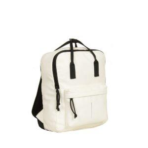 The Chicago Handle Rucksack - White features black zips and straps, a front zip pocket, and a minimalist design—ideal for your next Tallinn shopping trip or as a standout piece from a local concept shop. Photographed on a plain white background. Gate21.ee