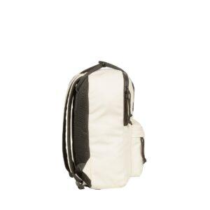 The Chicago Handle Rucksack - White is displayed from a side view, highlighting its black straps, trim, front zip pocket, and mesh side pocket. This practical accessory is ideal for unique gift shop selections against a plain white background. Gate21.ee