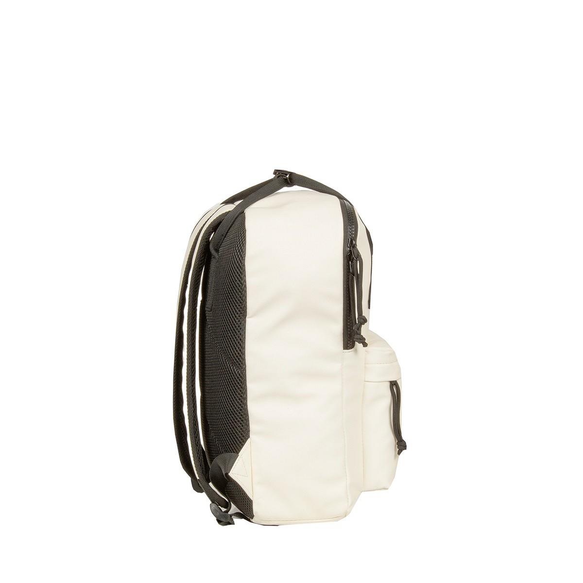 The Chicago Handle Rucksack - White is displayed from a side view, highlighting its black straps, trim, front zip pocket, and mesh side pocket. This practical accessory is ideal for unique gift shop selections against a plain white background. Gate21.ee