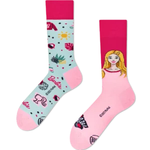Step into style with Barbie: one sock features playful icons, palm leaves, and suns on blue with pink accents; the other is pink with a Barbie portrait. Explore unique Estonian-designed gifts in our shop!. Gate21.ee