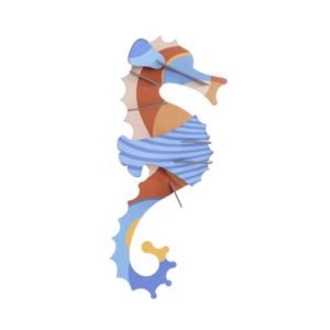 Seahorse: A vibrant, layered paper-cut illustration in blue, brown, orange, and purple on a white background—an eye-catching design ideal for gift shop displays. Gate21.ee