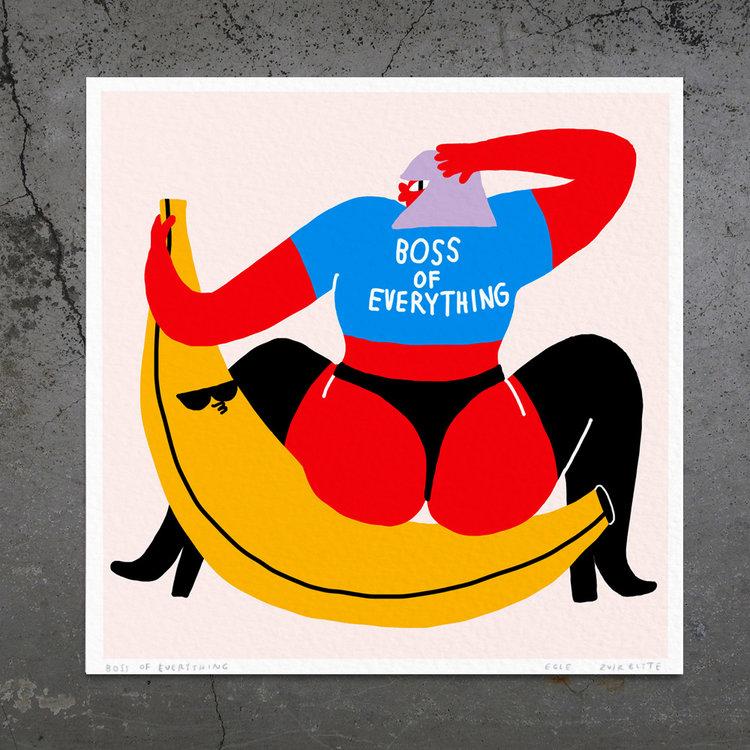 Boss of Everything - FRAMED features an abstract person with red skin in a blue “BOSS OF EVERYTHING” shirt, holding paper whilst sitting on a huge yellow banana against concrete—ideal for concept shops seeking unique art. Gate21.ee