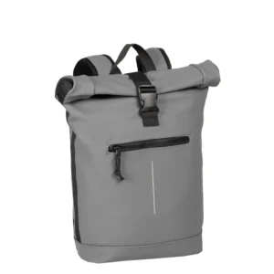 The New York Rolltop Backpack - Antracite features a curated grey design with black straps, a front zippered pocket, black buckle fastening, and a vertical reflective strip—ideal for those who appreciate unique style. Gate21.ee