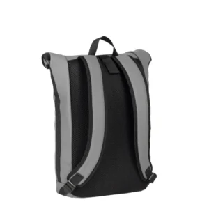 The New York Rolltop Backpack - Antracite is shown from the back, featuring padded shoulder straps, a mesh back panel, and top handle. Its sleek grey-black design stands upright against a white background—ideal for your next Tallinn shopping trip. Gate21.ee