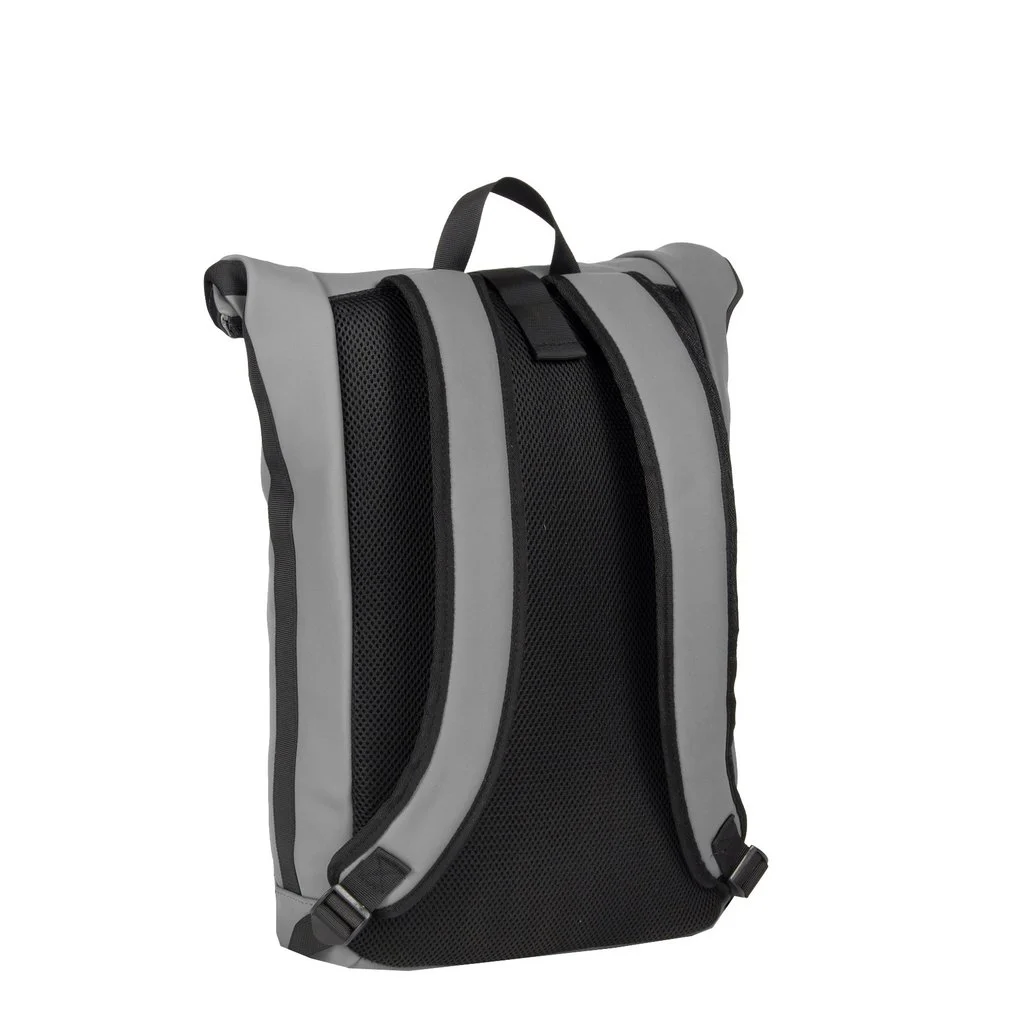 The New York Rolltop Backpack - Antracite is shown from the back, featuring padded shoulder straps, a mesh back panel, and top handle. Its sleek grey-black design stands upright against a white background—ideal for your next Tallinn shopping trip. Gate21.ee