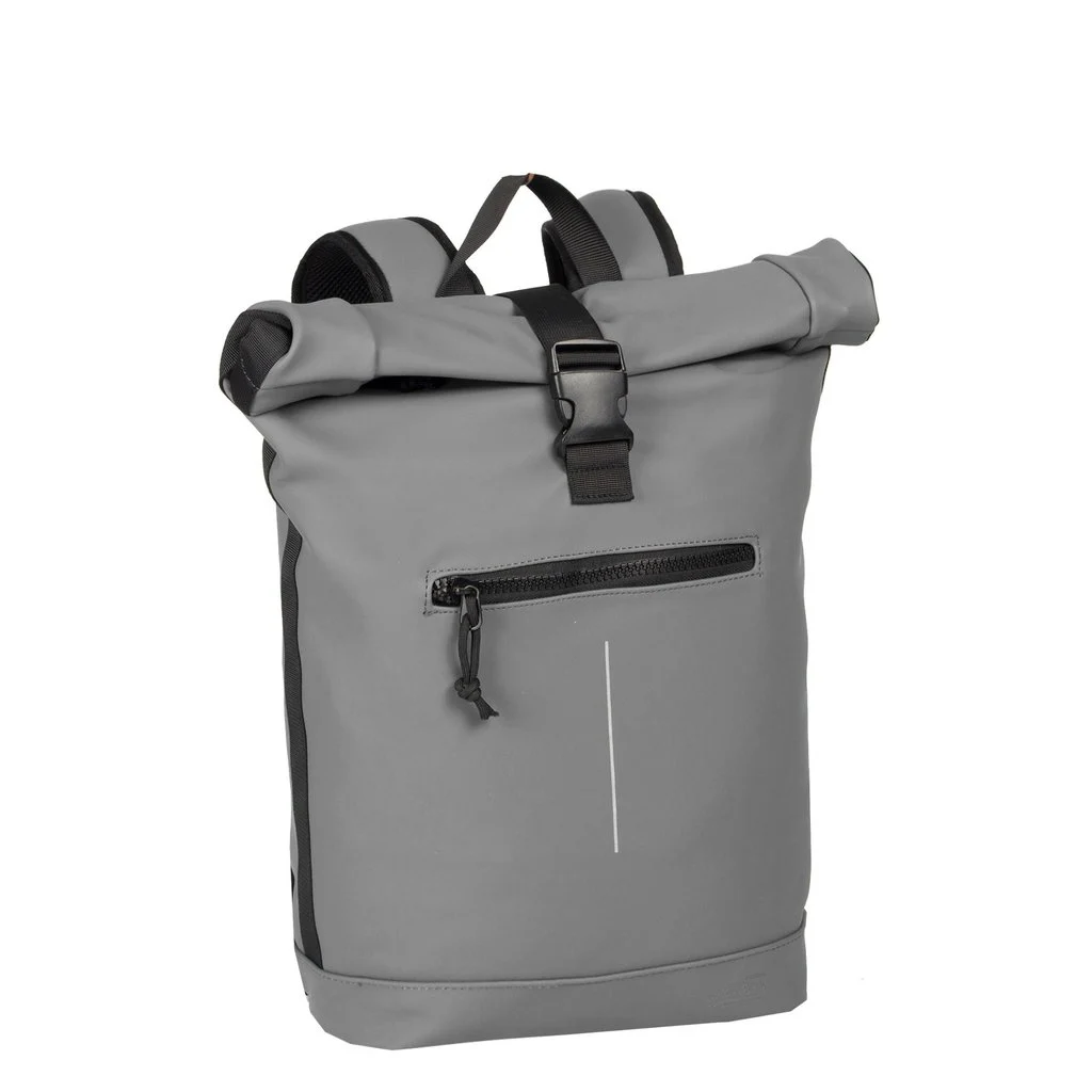 The New York Rolltop Backpack - Antracite features a curated grey design with black straps, a front zippered pocket, black buckle fastening, and a vertical reflective strip—ideal for those who appreciate unique style. Gate21.ee
