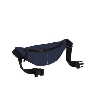 The Waistbag - Navy features a black adjustable strap, black zip, and a small vertical reflective strip on the front, highlighting curated Estonian design. Shown on a white background. Gate21.ee