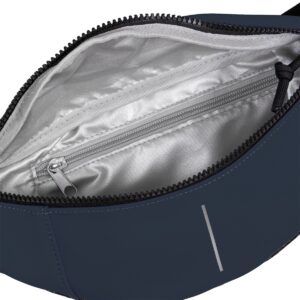 A close-up of the Waistbag - Navy reveals its Estonian design, light grey interior lining, and inner zip pocket. The stylish appeal is enhanced by a black zip and visible stitching. Gate21.ee