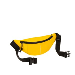 The Waistbag - Yellow features a black adjustable strap, zip, and a small vertical reflective strip on the front, with its unfastened buckle beside it—an ideal accessory for any concept store with sleek Estonian design flair. Gate21.ee