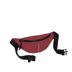 The Waistbag - Burgundy features a maroon body, black zip and strap with adjustable buckle, and a vertical reflective strip. Ideal for stylish shopping trips in Tallinn or unique adventures. Displayed on a plain white background. Gate21.ee