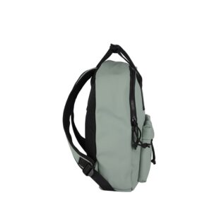 The Chicago Handle Rucksack in Salie Green is shown side-on, standing upright on a white background. It features adjustable black straps, a front drawstring pocket, and a top zip—perfect for a curated gift shop display. Gate21.ee