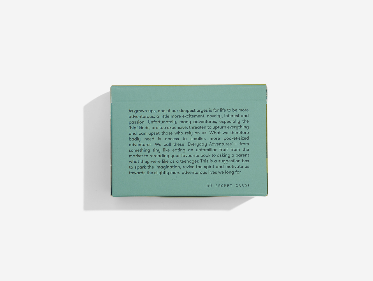 A rectangular green box called "Everyday Adventures Cards," containing 60 prompt cards designed to inspire adults to be more adventurous and imaginative—an ideal, unique item for any gift shop. Gate21.ee