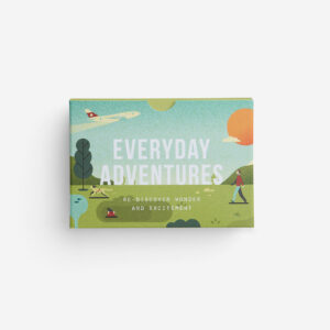 A green box labelled "Everyday Adventures Cards" with the subtitle "Re-discover wonder and excitement." The illustration depicts a person walking among trees and clouds, with an aeroplane and sun in the background, highlighting unique adventure ideas. Gate21.ee