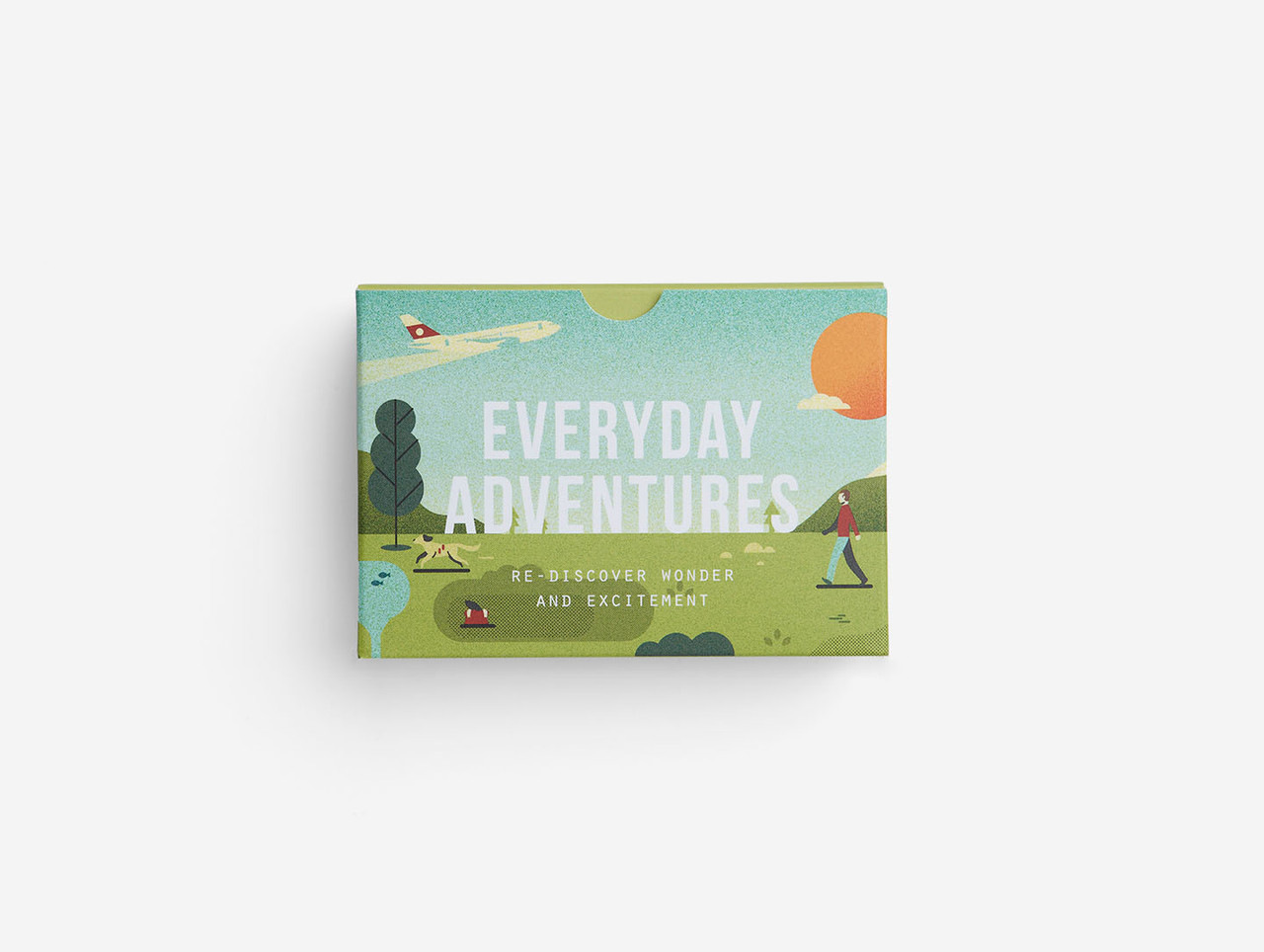 A green box labelled "Everyday Adventures Cards" with the subtitle "Re-discover wonder and excitement." The illustration depicts a person walking among trees and clouds, with an aeroplane and sun in the background, highlighting unique adventure ideas. Gate21.ee