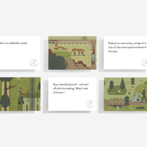 Six Everyday Adventures Cards are arranged in two rows: the top three display activity prompts, whilst the bottom three show outdoor scenes in muted greens and browns, offering unique ideas inspired by a stylish concept shop. Gate21.ee
