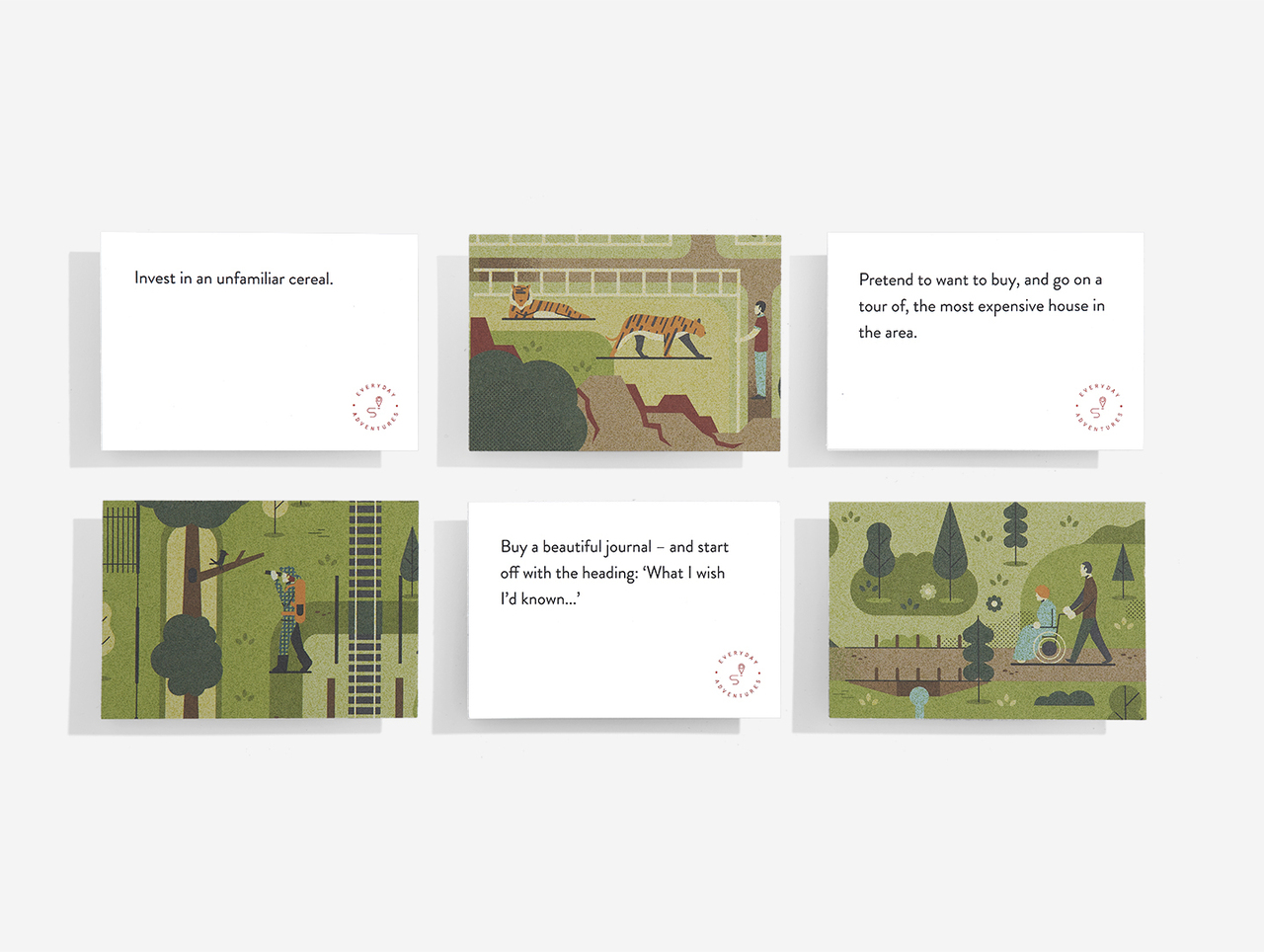 Six Everyday Adventures Cards are arranged in two rows: the top three display activity prompts, whilst the bottom three show outdoor scenes in muted greens and browns, offering unique ideas inspired by a stylish concept shop. Gate21.ee