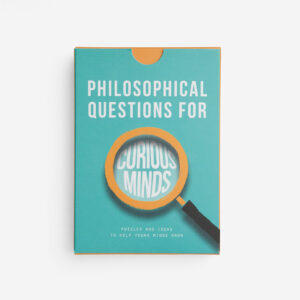 A teal-curated box titled Philosophical Questions for Curious Minds, featuring a magnifying glass and the subtitle: Puzzles and unique ideas to help young minds grow. Ideal for Tallinn shopping adventures. Gate21.ee